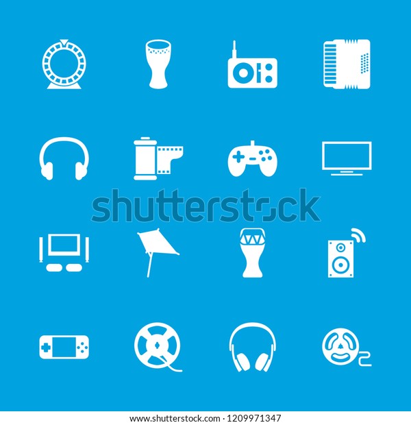 Entertainment\
icon. collection of 16 entertainment filled icons such as kite,\
joystick, drum, headset, camera tape, tv set. editable\
entertainment icons for web and\
mobile.