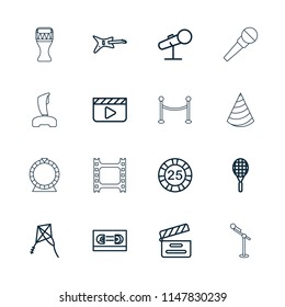 Entertainment icon. collection of 16 entertainment outline icons such as 25 casino chip, clapper board, guitar, film tape. editable entertainment icons for web and mobile.