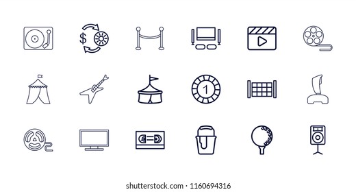 Entertainment icon. collection of 18 entertainment outline icons such as fence, casino chip and money, 1 casino chip. editable entertainment icons for web and mobile.