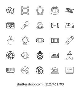 Entertainment icon. collection of 25 entertainment outline icons such as fence, tv, casino chip, roulette, camera tape. editable entertainment icons for web and mobile.