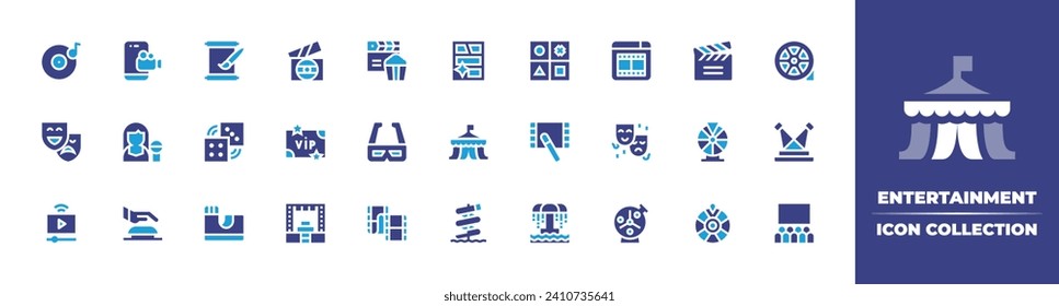 Sammlung von Unterhaltungssymbolen. Duotonfarbe. Vektorgrafik und transparente Illustration. Enthält lp, kino, film, record, comic, film strip, maske, d gläser, lottery, sänger, zirkus, stage.