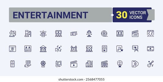 Entertainment icon. Related to on, entertainment, film, flight, movie, vacation, happy and more. Thin linear style icons. Editable vector outline and solid icons.