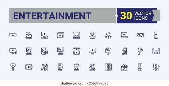 Entertainment icon. Related to on, entertainment, film, flight, movie, vacation, happy and more. Thin linear style icons. Editable vector outline and solid icons.