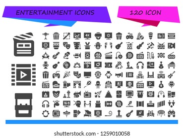  entertainment icon set. 120 filled entertainment icons. Simple modern icons about  - Clapperboard, Arcade machine, Film roll, Cymbals, Popcorn, Magic wand, Television, Vr glasses
