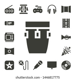 entertainment icon set. 17 filled entertainment icons.  Simple modern icons about  - Radio, Ticket, Tv, Conga, Panorama, Strip, Trumpet, Confetti, Movie, Roller coaster, Kite