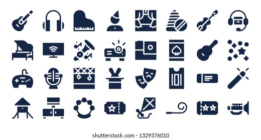 entertainment icon set. 32 filled entertainment icons. on blue background style Collection Of - Guitar, Piano, Gamepad, Playground, Headphones, Smart tv, Microphone, Television