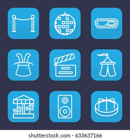 Entertainment icon. set of 9 outline entertainment icons such as child playground carousel, red carpet barrier, movie clapper, loudspeaker, tent, magic hat, disco ball