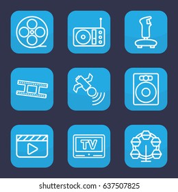 Entertainment icon. set of 9 outline entertainment icons such as movie tape, satellite, radio, camera tape, tv, joystick, clapper board, speaker