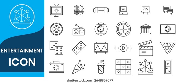 Entertainment icon set. Entertainment and arts icon collection. Contains such Icons as theater, cinema, video, dance, game, music arts, photo and more. Vector illustration