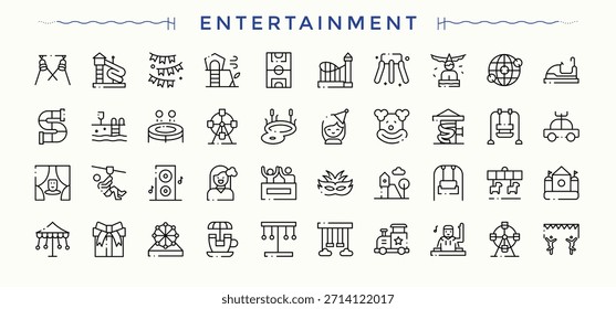 Conjunto de iconos de entretenimiento. Iconos de la UI de la celebración fijados en un estilo fino. Paquete de iconos mínimos. Icono de fiesta colección. Trazo editable.