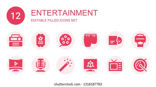 entertainment icon set. Collection of 12 filled entertainment icons included Radio, Ticket, Film reel, Conga, Vinyl, Smart tv, Microphone, Magic wand, Television, Virtual reality