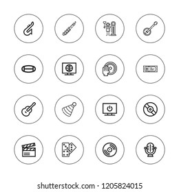 Entertainment icon set. collection of 16 outline entertainment icons with banjo, clapperboard, clarinet, dj mixer, domino, game, guitar, mask, microphone, party hat icons.