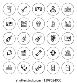 Entertainment icon set. collection of 25 outline entertainment icons with arcade machine, balloon, bands, bouncy castle, clapperboard, confetti, djembe icons. editable icons.