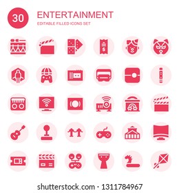 entertainment icon set. Collection of 30 filled entertainment icons included Drum, Clapperboard, Domino, Ticket, Clown, Virtual reality, Gamepad, Cassette, Slide, Radio, Television