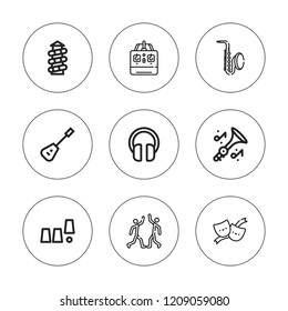 Entertainment icon set. collection of 9 outline entertainment icons with headphones, magic trick, mandolin, party, remote, slide, theater, saxophone icons. editable icons.