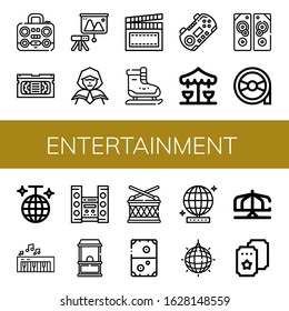 entertainment icon set. Collection of Boombox, Vhs, Projector, Wizard, Clapperboard, Ice skating, Gamepad, Merry go round, Sound system, Magnetic tape, Disco ball, Piano icons