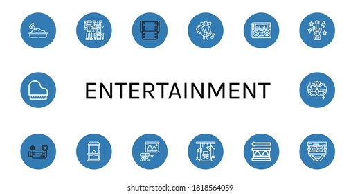 entertainment icon set. Collection of Sandbox, Dance, Film, Singing, Radio, Bass guitar, Video recorder, Ticket office, Projector, Studio, Drum, Piano, Carnival mask icons