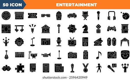 Entertainment icon set. Containing theatre, game, movie,and more. Solid vector icons collection.