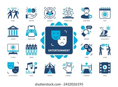 Entertainment icon set. Dance, Music, Storytelling, Karaoke, Theatre, Movie, Concert, Mobile Game. Duotone color solid icons