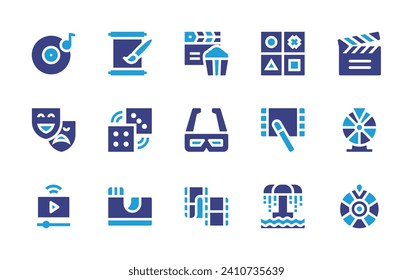 Entertainment icon set. Duotone color. Vector illustration. Containing lp, cinema, film, mask, 3d glasses, lottery, live streaming, film strip, lottery game, calligraphy, child game, dices, skate park