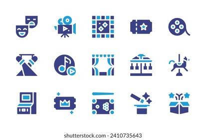 Entertainment icon set. Duotone color. Vector illustration. Containing video camera, ticket, music, carrousel, vip, magic, performance, board game, movie, spotlight, theater, merry go round, arcade.