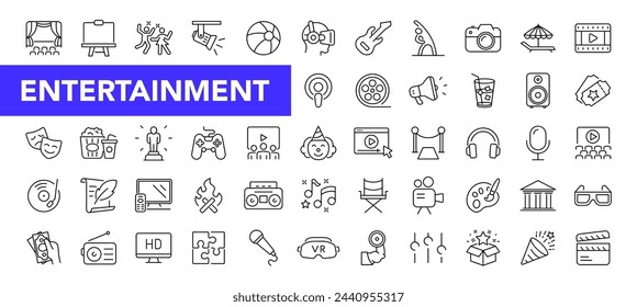 Entertainment icon set with editable stroke. Lifestyle and Entertainment thin line icon collection. Vector illustration