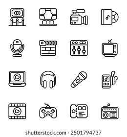 Conjunto de iconos de entretenimiento. Incluye Galería de arte, reproductor de CD, entrada de cine, televisor, ecualizador de música y más. Colección de Vector de iconos de contorno.