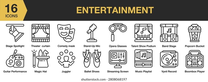 Entertainment icon set. Includes movies, music, games, shows, tickets, performances and More. Outline icons vector collection.