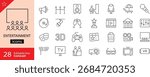 Entertainment icon set. Includes symbols of music, movies, theater, gaming, TV, events, dance, and fun activities. Editable stroke. Vector illustration. Outline icons. Perfect for media and lifestyle.