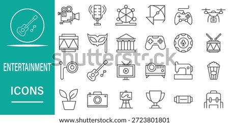 Entertainment icon set in line style. Set of 24 icon as related to surfing, music, party, video, dance, game, photo and more. Vector illustration.