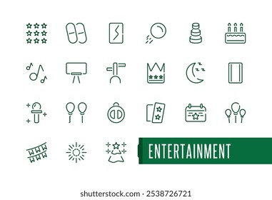 Conjunto de iconos de entretenimiento. Colecciones de iconos minimalistas. Contiene disfrutar, festivo, disfrute, regalo, entretenimiento, bebida y más. Píxel perfecto. Trazo de Vector editable.