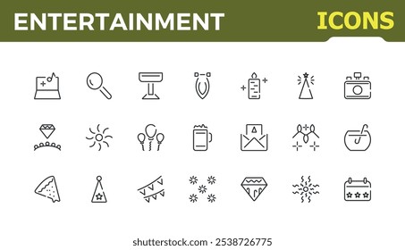 Conjunto de iconos de entretenimiento. Colecciones de iconos minimalistas. Contiene disfrutar, festivo, disfrute, regalo, entretenimiento, bebida y más. Píxel perfecto. Trazo de Vector editable.