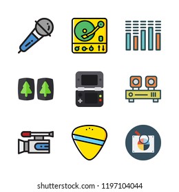 entertainment icon set. vector set about turntable, video console, virtual reality and microphone icons set.