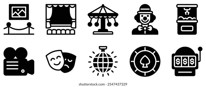 Entertainment Icon Set Vibrant Solid Style Collection for Fun and Leisure