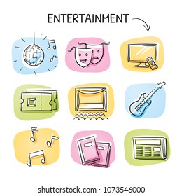 Entertainment icon set, with, theatre, television, books, disco, music, concert ticktets an cinema. Hand drawn cartoon sketch vector illustration, marker style coloring on tiles.