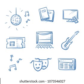 Entertainment icon set, with, theatre, television, books, disco, music, concert ticktets an cinema. Hand drawn doodle vector illustration.