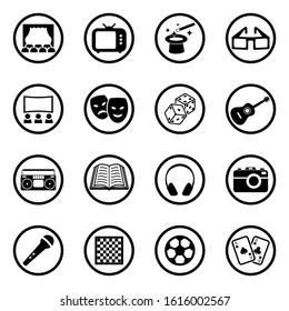 Entertainment Icons. Black Flat Design In Circle. Vector Illustration.
