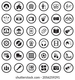 Entertainment Icons. Black Flat Design In Circle. Vector Illustration.