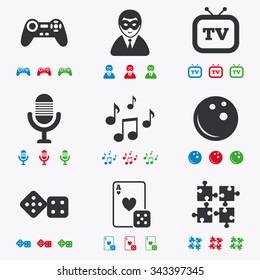 Entertainment icons. Game, bowling and puzzle signs. Casino, carnival and musical note symbols. Flat black, red, blue and green icons.