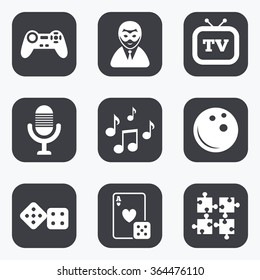 Entertainment icons. Game, bowling and puzzle signs. Casino, carnival and musical note symbols. Flat square buttons with rounded corners.