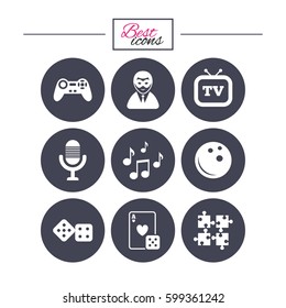 Entertainment icons. Game, bowling and puzzle signs. Casino, carnival and musical note symbols. Classic simple flat icons. Vector