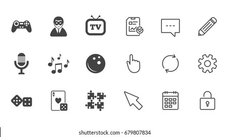 Entertainment icons. Game, bowling and puzzle signs. Casino, carnival and musical note symbols. Chat, Report and Calendar line signs. Service, Pencil and Locker icons. Click, Rotation and Cursor