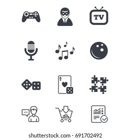 Entertainment icons. Game, bowling and puzzle signs. Casino, carnival and musical note symbols. Customer service, Shopping cart and Report line signs. Online shopping and Statistics. Vector