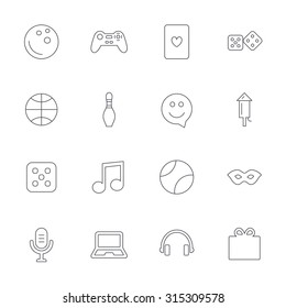 Entertainment icons. Game console joystick, notebook and microphone symbols. Poker playing card, dice and mask thin outline signs. Musical note and smile in speech bubble. Outline line icons. Vector