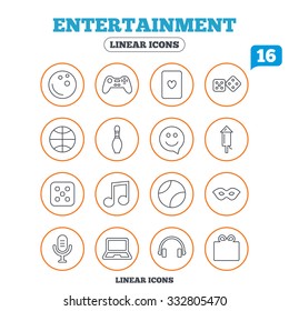 Entertainment icons. Game console joystick, notebook and microphone symbols. Poker playing card, dice and mask thin outline signs. Musical note and smile in speech bubble. Circle buttons on white.