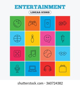 Entertainment icons. Game console joystick, notebook and microphone symbols. Poker playing card, dice and mask thin outline signs. Musical note and smile in speech bubble. Linear icons in squares.