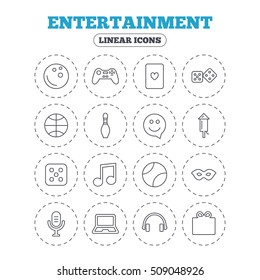 Entertainment icons. Game console joystick, notebook and microphone symbols. Poker playing card, dice and mask thin outline signs. Musical note and smile in speech bubble. Vector
