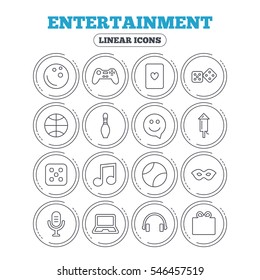 Entertainment icons. Game console joystick, notebook and microphone symbols. Poker playing card, dice and mask thin outline signs. Musical note and smile in speech bubble. Vector