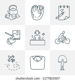 Entertainment icons line style set with baseball glove, djing, painting and other catchers mitt elements. Isolated vector illustration entertainment icons.