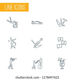 Entertainment icons line style set with sport car, diving, cocktail and other dancer elements. Isolated vector illustration entertainment icons.